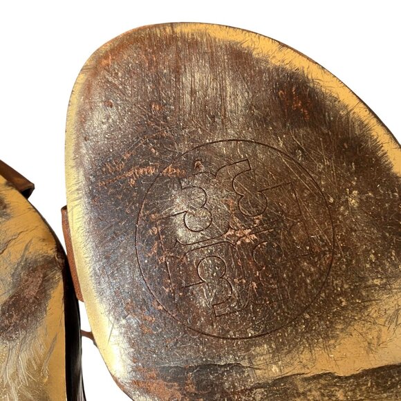 Tory Burch Kathryn Brown Leather Gold Grommet Wedge Sandals Sz 8.5 Designer Luxu - Picture 11 of 15